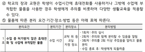 서울 A고의 학생생활규정 속 휴대폰 관련 규정.
