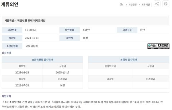 서울시의회는 오늘 17일 과거 주민발의로 올라왔었던 ‘서울특별시 학생인권 조례 폐지조례안’을 소관위원회인 교육위원회에 상정, 재적의원 11명 중 7명의 찬성과 4명의 반대로 가결 시켰다. 아직 처리결과가 반영되지 않은 모습 ⓒ서울시의회