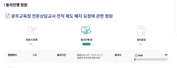 18일부터 광주광역시교육청 전문상담교사 전직 채용 폐지 국회청원이 시작됐으며, 5만 명 동의를 목표로 한다. 청원 동의 마감일은 다음 달 17일까지다. 